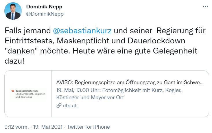 Der Wiener-FPÖ-Chef macht auf Twitter auf die Veranstaltung im Schweizerhaus aufmerksam. Screenshot: Twitter @DominikNepp