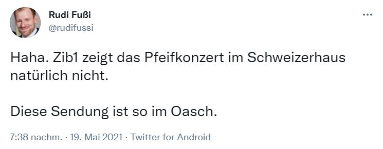 Der ehemalige Kern-Begleiter Rudi Fussi beklagt, dass es der verurteilte Neonazi Küssel nicht in die Hauptnachtrichten geschafft hat. Screenshot: Twitter @rudifussi