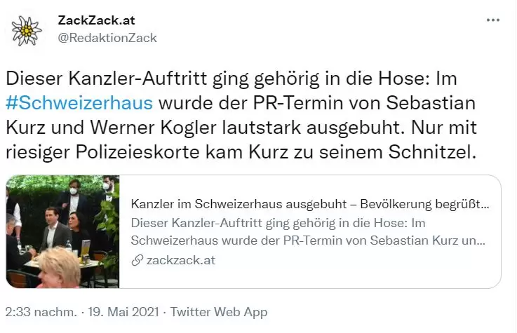 Auf Twitter verbreitet ZackZack eine Meldung zu den Buhrufen. Die Polizeieskorte wird kritisch erwähnt. Screenshot: Twitter @RedaktionZack