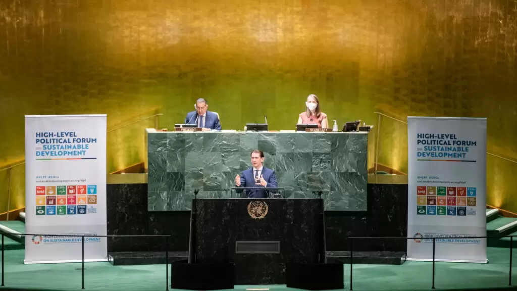 Bundeskanzler Kurz vor dem Wirtschafts- und Sozialrat der UNO. Foto: Arno Melicharek