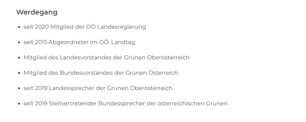 Auf Kaineders persönlicher Website wird das Nationalratsmandat verschwiegen. - Screenshot: https://www.stefan-kaineder.at/