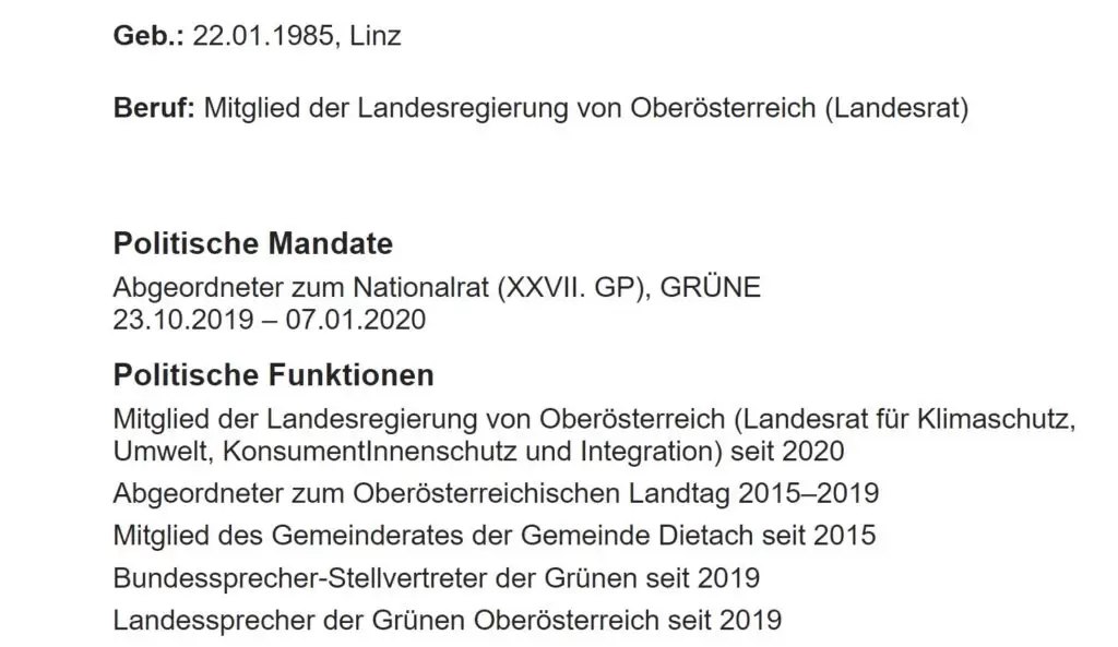 Auf der Homepage des Parlaments wird suggeriert, als ob Kaineder bereits 2019 aus dem Landtag ausgeschieden ist. Das stimmt so aber nicht. - Screenshot: https://www.parlament.gv.at/WWER/PAD_05669/index.shtml