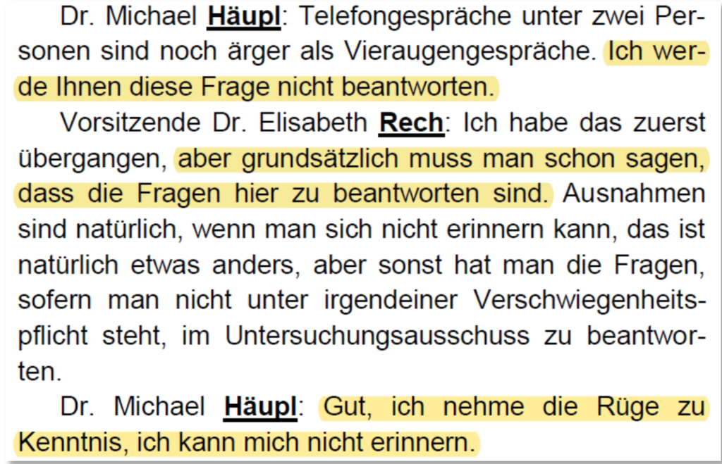 Screenshot Aussagen Michael Häupl in der Untersuchungskommission zum Krankenhaus Nord, 26.3.19 / Seite 31
