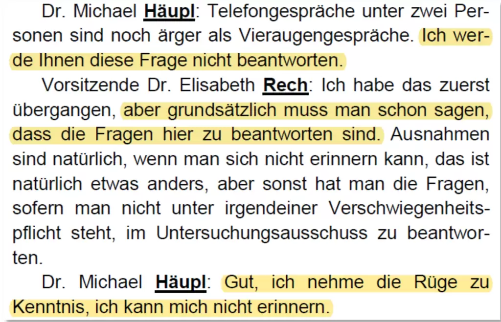 Screenshot Aussagen Michael Häupl in der Untersuchungskommission zum Krankenhaus Nord, 26.3.19 / Seite 31