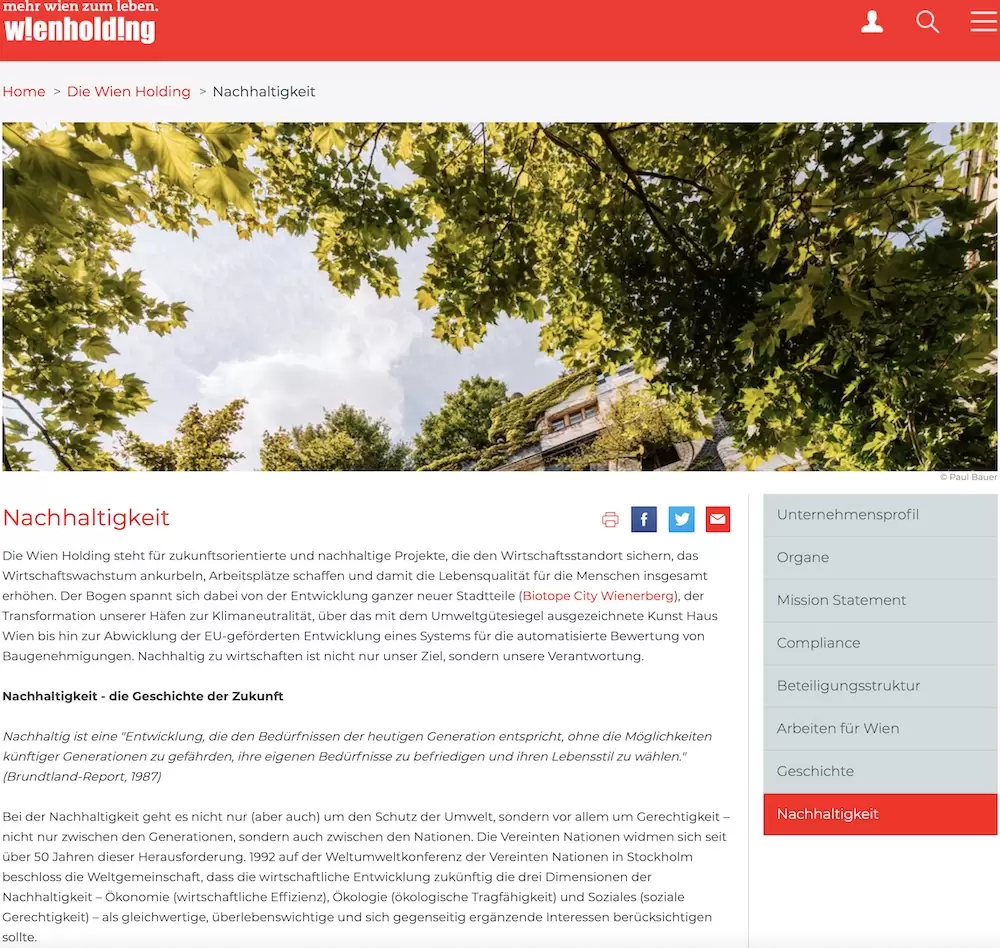 Faksimile: Die Nachhaltigkeit der Wien Holding. Screenshot: https://www.wienholding.at/Die-Wien-Holding/Nachhaltigkeit