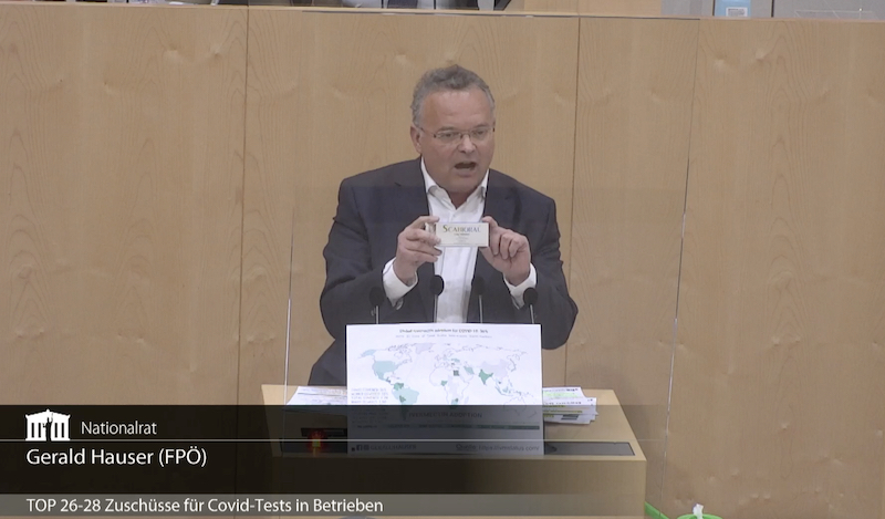 FP-Abgeordneter Hauser spricht im Parlament über Ivermectin. Screenshot: Parlamentsdirektion / Mediathek