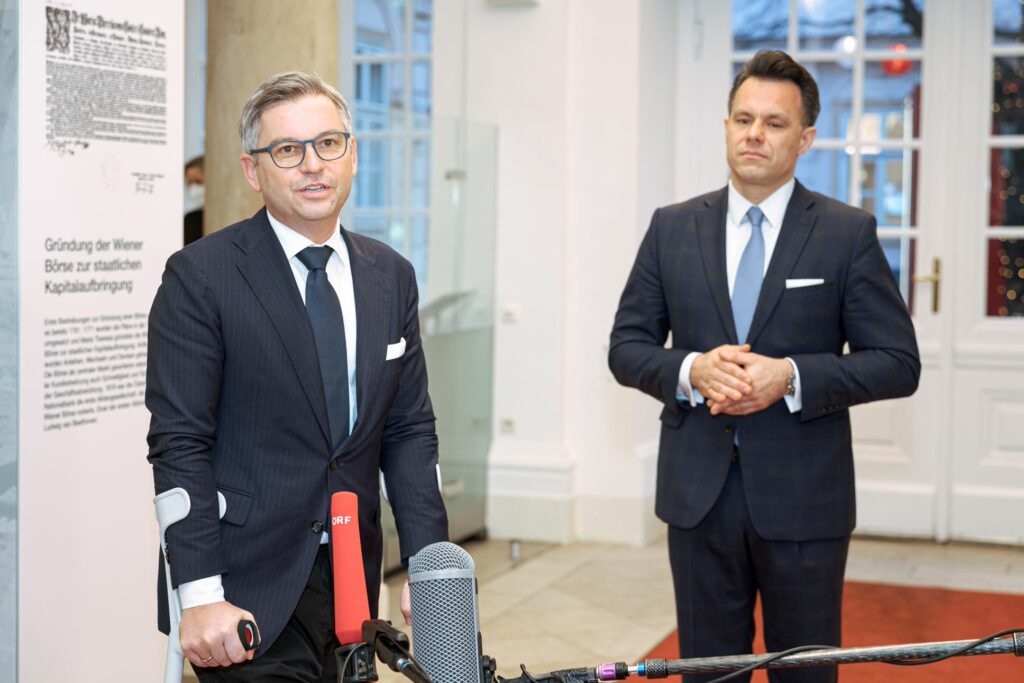 Besuch an der Wiener Börse: Finanzminister Magnus Brunner bei Börse-Chef Christoph Boschan. Foto: Börse