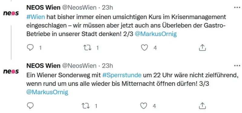 Die NEOS Wien sprechen sich auf Twitter sehr wohl für Öffnungsschritte aus. Faksimile: Twitter / NEOS Wien