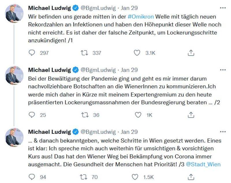 Wiens Bürgermeister Michael Ludwig spricht sich auf Twitter nicht für Öffnungen aus. Faksimile: Twitter / Michael Ludwig