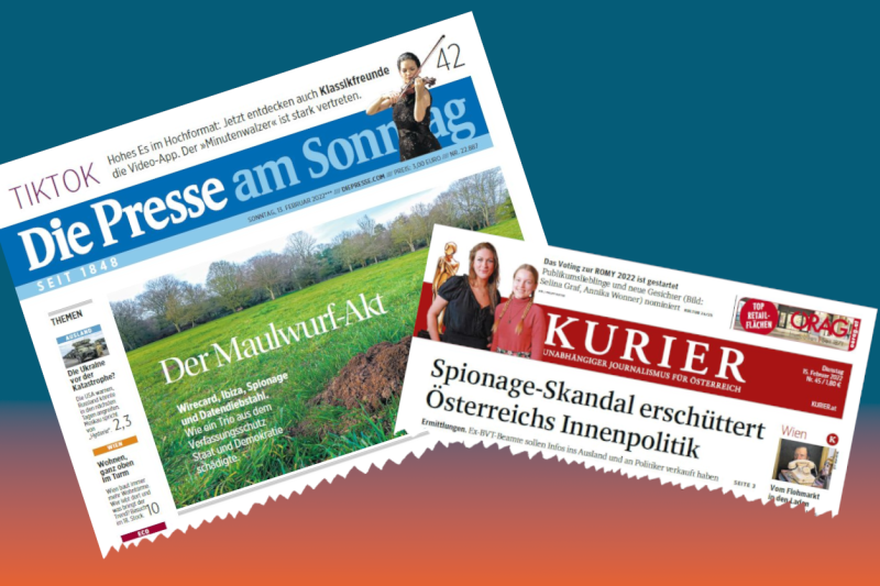 Faksimile der Presse am Sonntag vom 13. Februar und des Kurier vom 15. Februar 2022. Grafik: Zur-Sache.at Faksimile der Presse am Sonntag vom 13. Februar und des Kurier vom 15. Februar 2022. Grafik: Zur-Sache.at