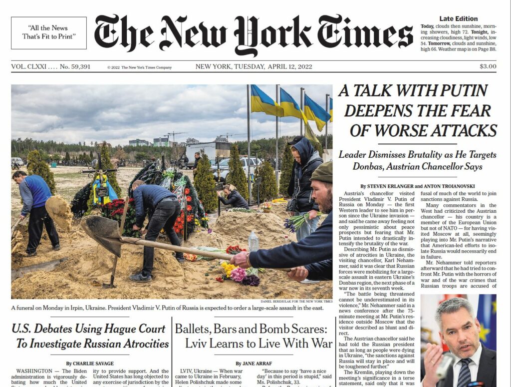 Karl Nehammers Treffen mit Wladimier Putin löste großes Medieninteresse aus. Die New York Times berichtete darüber auf ihrer Titelseite. Foto: Screenshot / NYT Karl Nehammers Treffen mit Wladimier Putin löste großes Medieninteresse aus. Die New York Times berichtete darüber auf ihrer Titelseite. Foto: Screenshot / NYT
