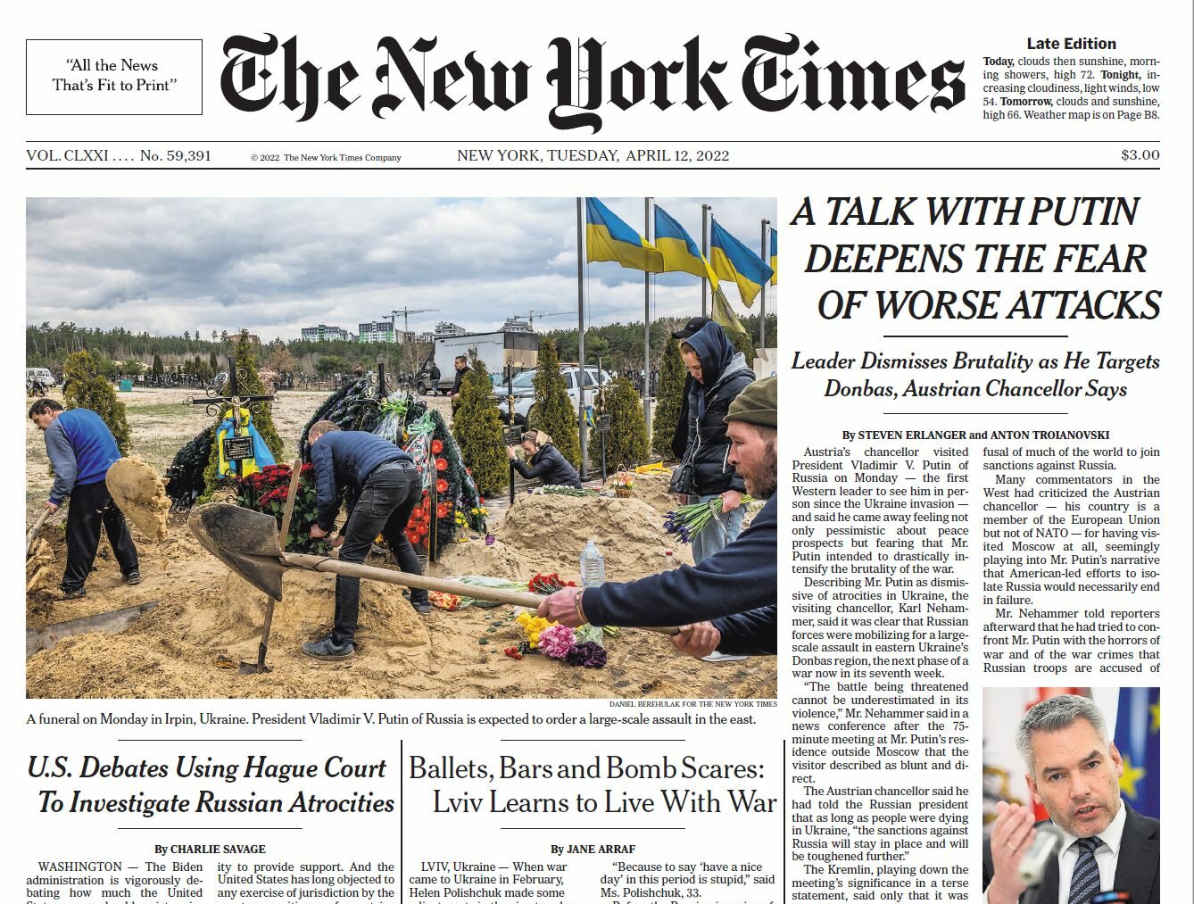 Karl Nehammers Treffen mit Wladimier Putin löste großes Medieninteresse aus. Die New York Times berichtete darüber auf ihrer Titelseite. Foto: Screenshot / NYT