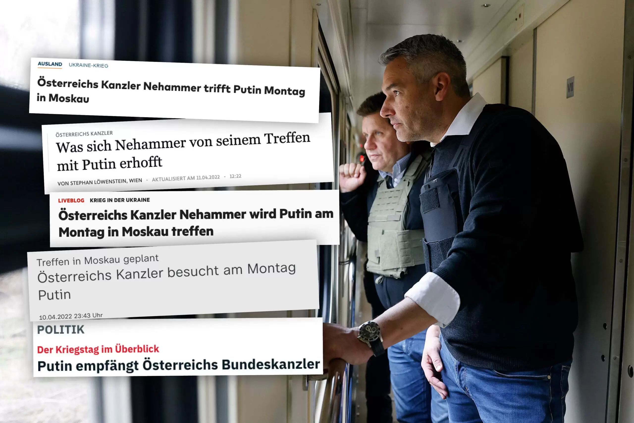 Deutsche Medien über die Reise von Bundeskanzler Karl Nehammer nach Moskau. Foto: BKA/Dragan Tatic Screenshots: n-tv, Welt, Stern, ZDF, FAZ