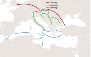 Schleppungsrouten nach Europa: Landweg führt nach und durch Österreich. Bild: Bericht des BMI