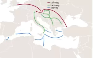 Schleppungsrouten nach Europa: Landweg führt nach und durch Österreich. Bild: Bericht des BMI