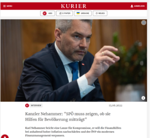 "Wir bleiben auf einem vernünftigen Budgetpfad", sagte Bundeskanzler Karl Nehammer im Kurier-Interview. Bild: Screenshot Kurier.at