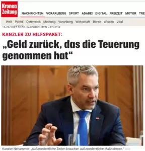 Bundeskanzler Karl Nehammer im Interview mit der Kronen Zeitung: Die Reaktionen auf das Gesamtpaket sind überwiegend positiv. Bild: Screenshot/Krone.at