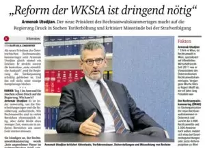 Der Präsident des Rechtsanwaltskammertages, Armenak Utudjian, kritisiert langwierige Verfahren und Missachtung von Rechten unbeteiligter Personen. Foto: Screenshot "Kurier" 27.10., Zur-Sache