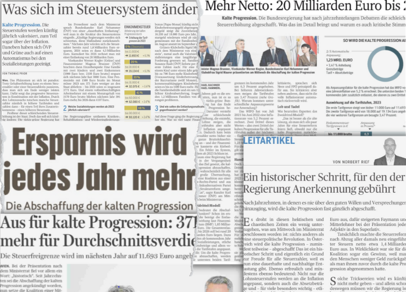 Das Aus der Kalten Progression bringt positives Medienecho. Foto-Montage: Presse, Krone, Salzburger Nachrichten, Oberösterreichische Nachrichten, Kurier
