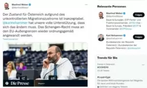 Manfred Weber, Fraktionsführer im Europäischen Parlament, unterstützt den Kurs von Bundeskanzler Karl Nehammer. Screenshot: Die Presse/ZurSache