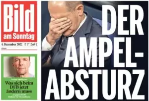 Für die deutsche Bild am Sonntag hat die deutsche Ampel-Regierung voll "abgeschmiert". Ein Jahr nach Amtsantritt hat Olaf Scholz samt Regierungsteam in der Bevölkerung kein Vertrauen mehr. Foto: Screenshot Zur-Sache/bild.de