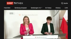 Präsentierten ORF-Finanzierung: Medienministerin Susanne Raab (ÖVP) und Klubobfrau Sigrid Maurer (Grüne). Screenshot OR