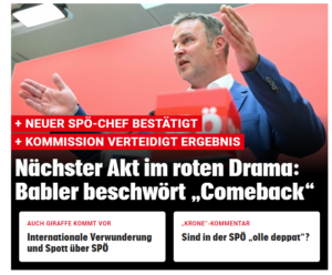 Der Weg zur neuen Parteiführung der SPÖ führte über Pannen und Rücktritte, Medien berichteten von Drama und von Chaos (Bild: Krone online, Screenshot).