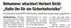 Titelseite des Kurier: Kanzler Nehammer hält Herbert Kickl für "Sicherheitsrisiko".