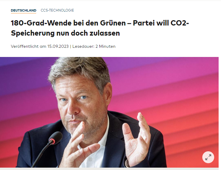 Die Grünen in Deutschland ändern Kurs und sind für die Speicherung von Kohlendixid. Screenshot Die Welt