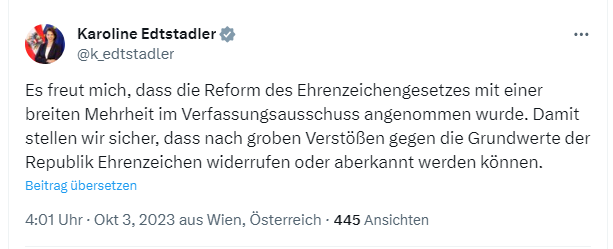 Positive Reaktion von Karoline Edtstadler auf X, als Verfassungsministerin zuständig für Ehrenzeichen und engagiert gegen Antisemitismus.