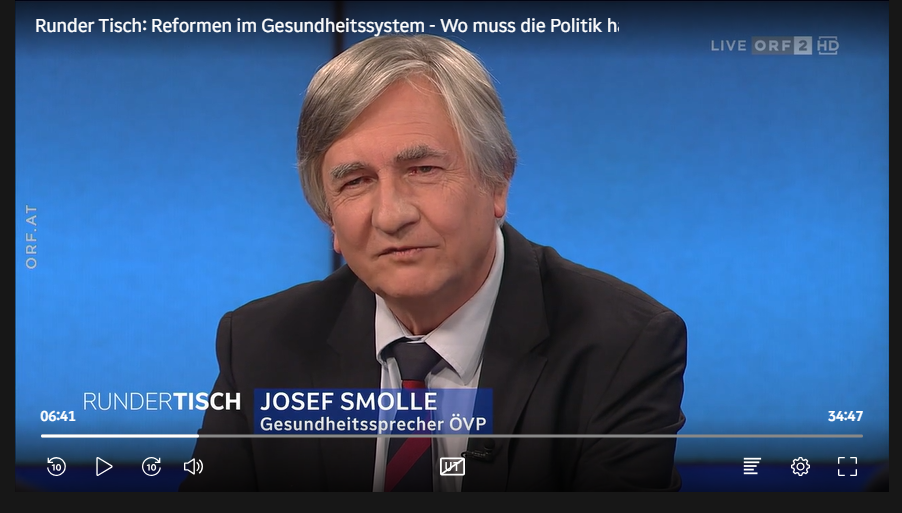 "Es braucht Reformen im Gesundheitssystem": Josef Smolle, Mediziner und Gesundheitssprecher der ÖVP beim Runden Tisch des ORF. Bild: Screenshot/ORF