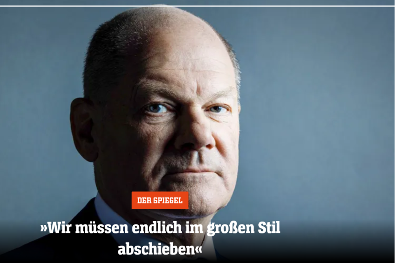 Migration ist Thema: Deutschlands Bundeskanzler und SPD-Chef Olaf Scholz drängt im SPIEGEL-Interview darauf, Personen ohne Bleiberecht abzuschieben. Foto: Screenshot SPIEGEL