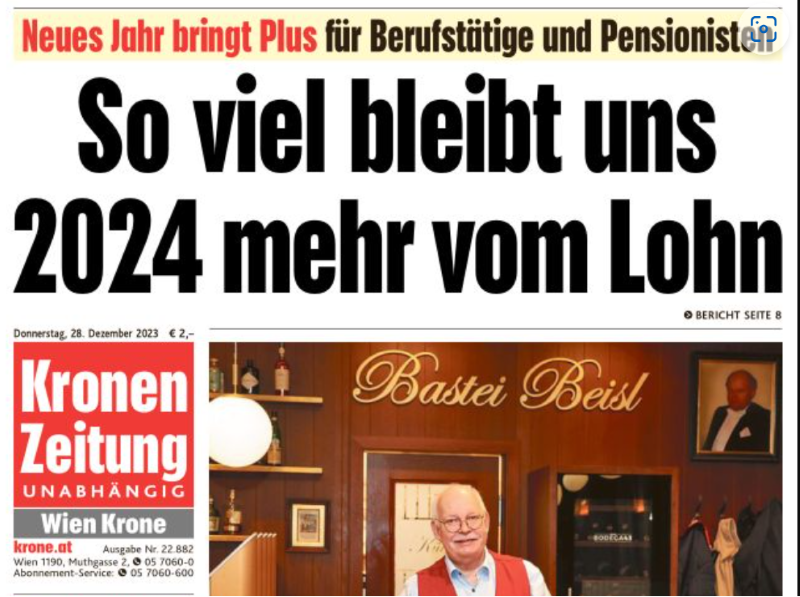 Zentrales Thema: 2024 bleibt mehr netto vom Brutto-Lohn, titelt die Kronen-Zeitung.
