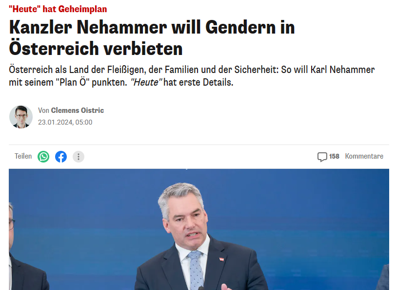 Karl Nehammer, Bundeskanzler und ÖVP-Parteiobmann, präsentierte diese Woche den "Österreich-Plan". Ein Vorschlag darin lautet, die Verwaltungssprache zu vereinfachen, also Gleichstellung von Mann und Frau zu beachten, aber das Binnen-I und ähnliches aus dem Amtsdeutsch zu entfernen. Foto: Heute-online