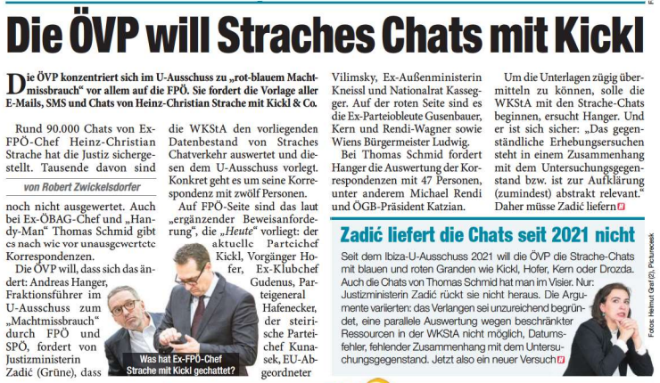 ÖVP verlangt Verwertung der Chats von FPÖ-Ex-Chef H.C. Strache mit Nachfolger Kickl. Bild: Heute, 25.1.2024