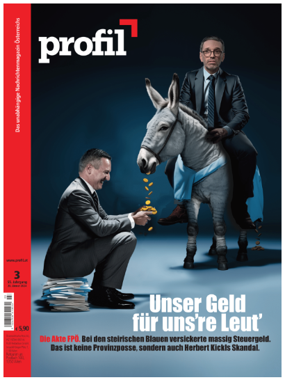Das Magazin profil berichtet Hausdurchsuchung bei der FPÖ: Geldflüsse und Nazi-Schriften. Bild: profil 03/2024