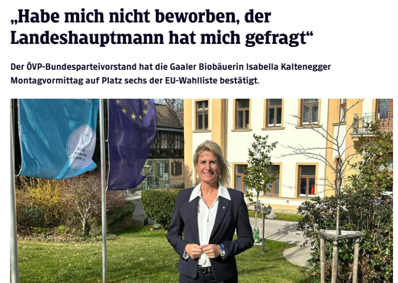 Isabella Kaltenegger, Landwirtin und Unternehmen, eine Kandidatin des ÖVP-Team für die Wahlen zum Europäischen Parlament. Bild: Screenshot Kleine Zeitung