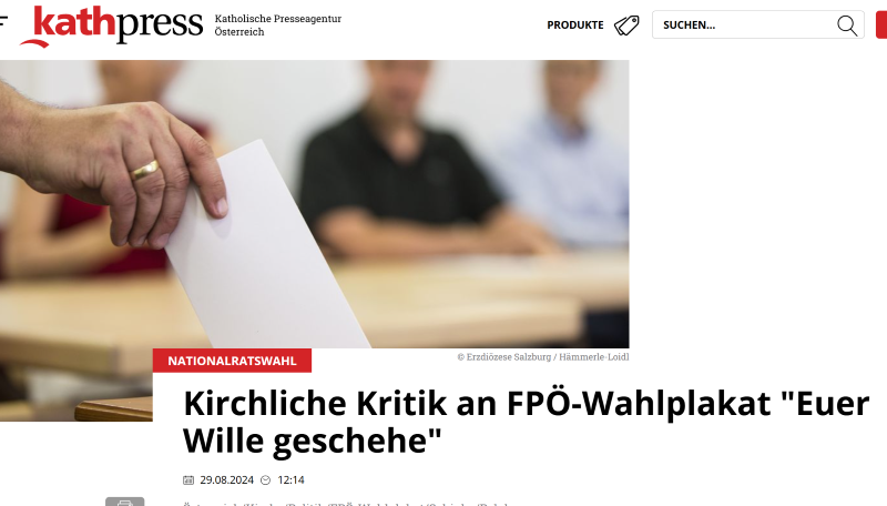 Sachliche und berechtigte Kritik: Kirche zur FPÖ-Parole "Euer Wille geschehe". Screenshot Kathpress