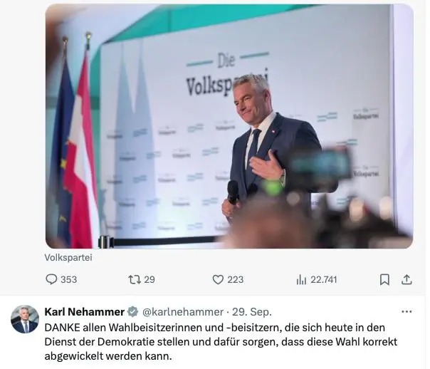 Dankte den tausenden Wahlhelfern. Bundeskanzler Karl Nehammer.