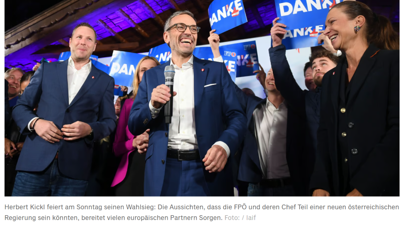 Laut Handelsblatt sind Österreichs europäische Partner nach dem Wahlergebnis wegen der FPÖ in Sorge (Screenshot Handelsblatt).