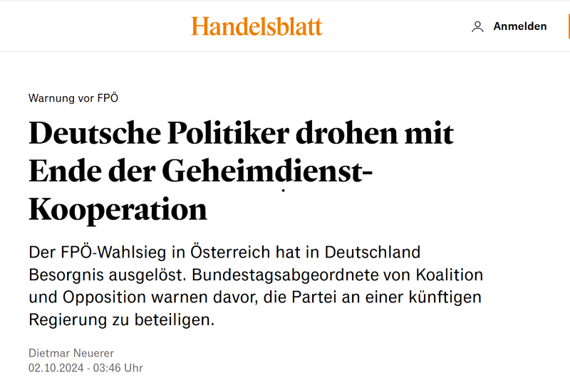 Die Mitglieder des Geheimdienste-Kontrollgremiums des deutschen Bundestages in Berlin sprechen laut Handelsblatt Klartext: Sollte die FPÖ der nächsten Bundesregierung angehören, wird die Kooperation der Geheimdienste überprüft, eventuell abgesagt. Bild: Handelsblatt/online