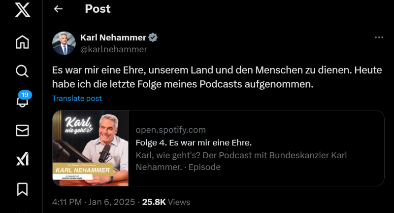 Karl Nehammer übergibt am Freitag die Funktion des Bundeskanzler, erläutert er in seinem Podcast "Karl, wie geht's?" Foto: Screenshot spotify