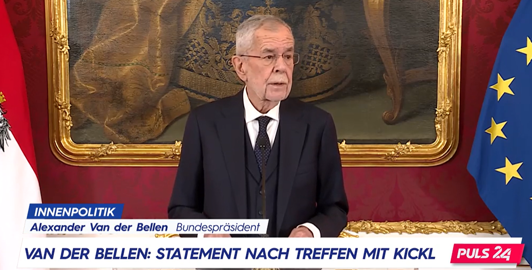 Bundespräsident Alexander Van der Bellen erteilte dem Obmann der FPÖ, Herbert Kickl, den Auftrag, mit der ÖVP Gespräche über die Bildung einer neuen Bundesregierung zu führen. Foto: Screenshot PULS 4