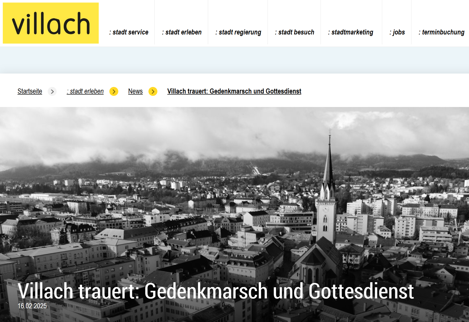 Villach hält nach dem IS-Attacke eine Woche der Trauer ab. Am Dienstag, 18. Februar sind ein Gedenkmarsch und ein Gottesdienst angesetzt, weitere Initiativen unterstützen Opfer und Betroffene. Foto: Screenshot Stadt Villach