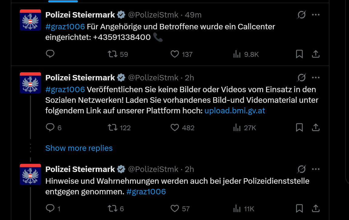 Österreich im Schock: Nach einem Amoklauf am BORG in Graz mit zehn Todesopfern informierte die Polizei laufend auf X. Screenshot LPD Stmk.