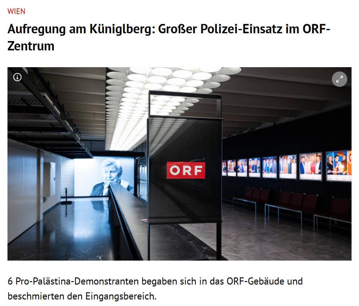 Die Tageszeitung Kurier berichtete online und auf Social Media, eine Gruppe von Palästinensern ist in das ORF-Zentrum eingedrungen. Foto: Screenshot kurier.at
