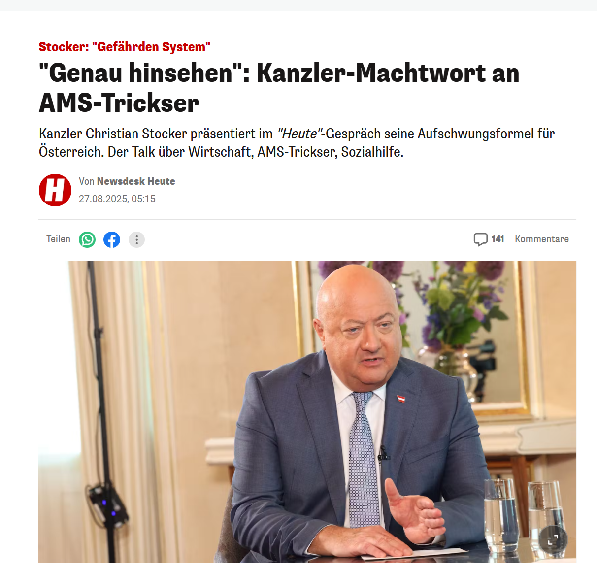 Bundeskanzler Christian Stocker im Interview mit oe24. (Screenshot)