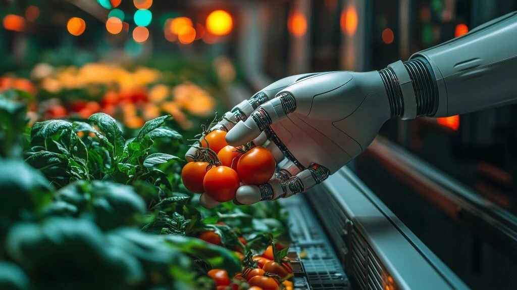 Das Symbolbild stellt einen fiktiven Roboter als Tomatenpflücker vor; tatsächlich sind mit künstlicher Intelligenz ausgestattete Erntegeräte den natürlichen Gegebenheiten besser angepasst. (Abb. 8)