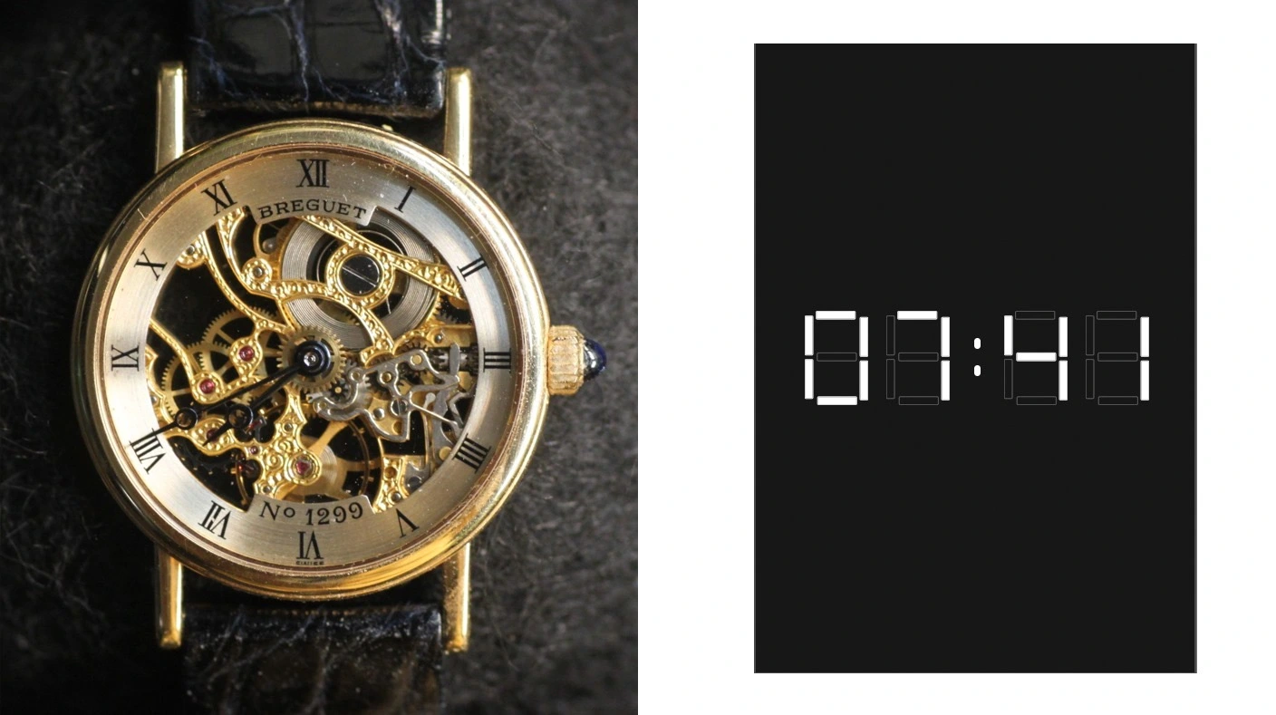Die von Hand geschaffene mechanische Uhr umgibt eine Aura, in der sich dem aufmerksamen Betrachter das Wesen der Zeit mitteilt. Davon ist in der digitalen Uhr, welche die Zeit bloß anzeigt, nichts zu spüren. (Abb. 11)