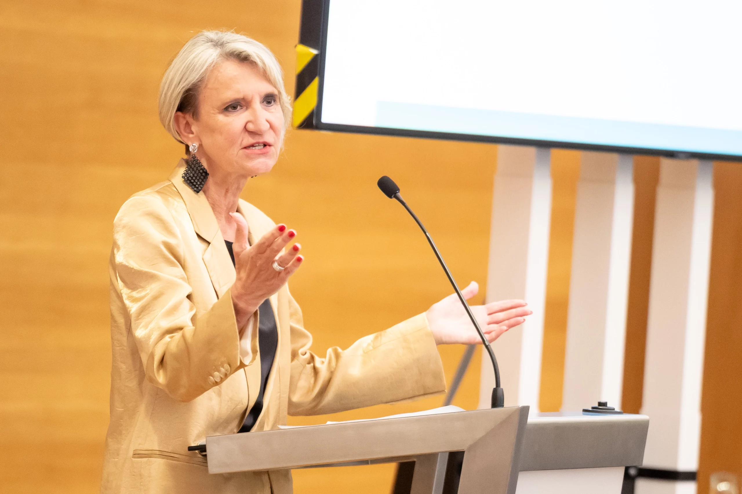 Romana Deckenbacher, Lehrerin und Abgeordnete der ÖVP, eröffnet den Reigen an Keynotes und Panels zu den Herausforderungen an Österreichs Schulen: Sprache und Wertevermittlung sind nötig. Deckenbacher ist auch Vorsitzende der Fraktion Christlicher Gewerkschafter und Vizepräsidentin des ÖGB. Foto: Campus Tivoli.
